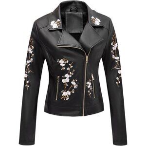 Women's Black Faux Leather Embroidered Peak Lapel & Zipper Classic Biker Jacket